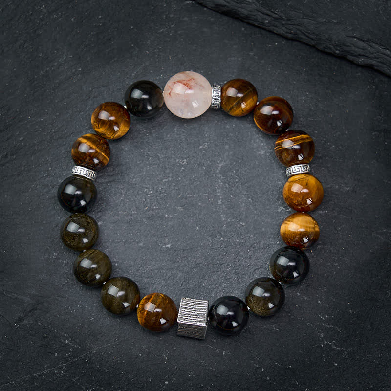 Buddha Stones Pulsera protectora de cuentas de cuarzo con inclusiones de obsidiana y brillo dorado ojo de tigre - image 1