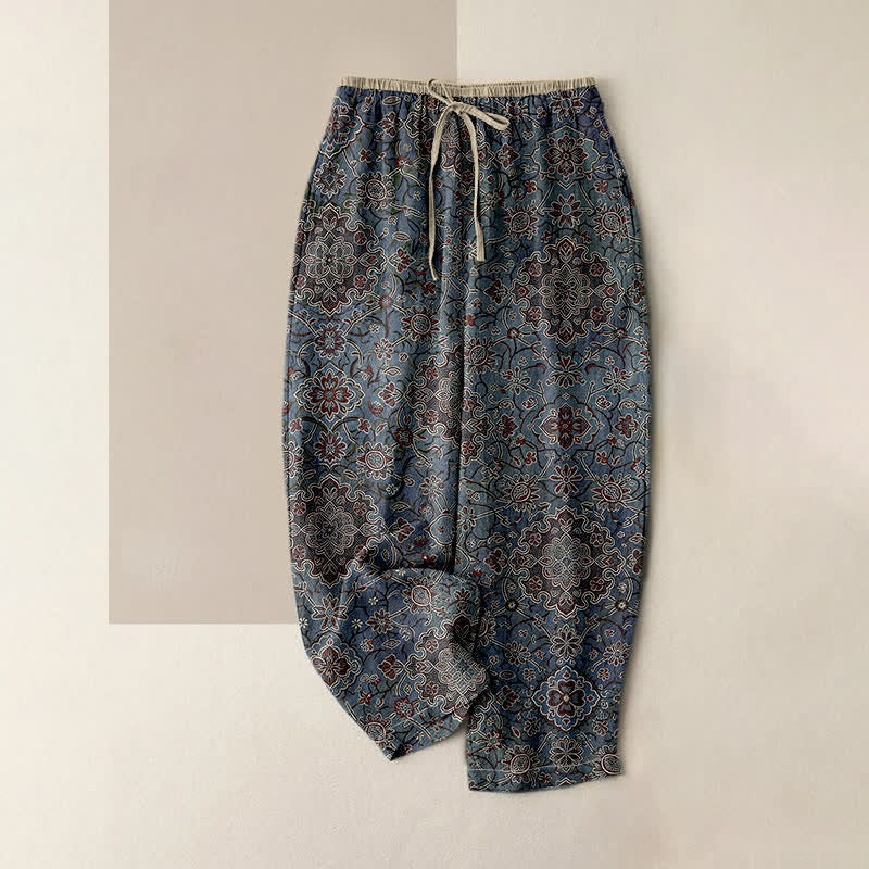 Buddha Stones Pantalones de mujer de algodón puro con estampado floral bohemio, cintura elástica y bolsillos. - Azul acero - US16，UK/AU20，EU48 (3XL) - image 0
