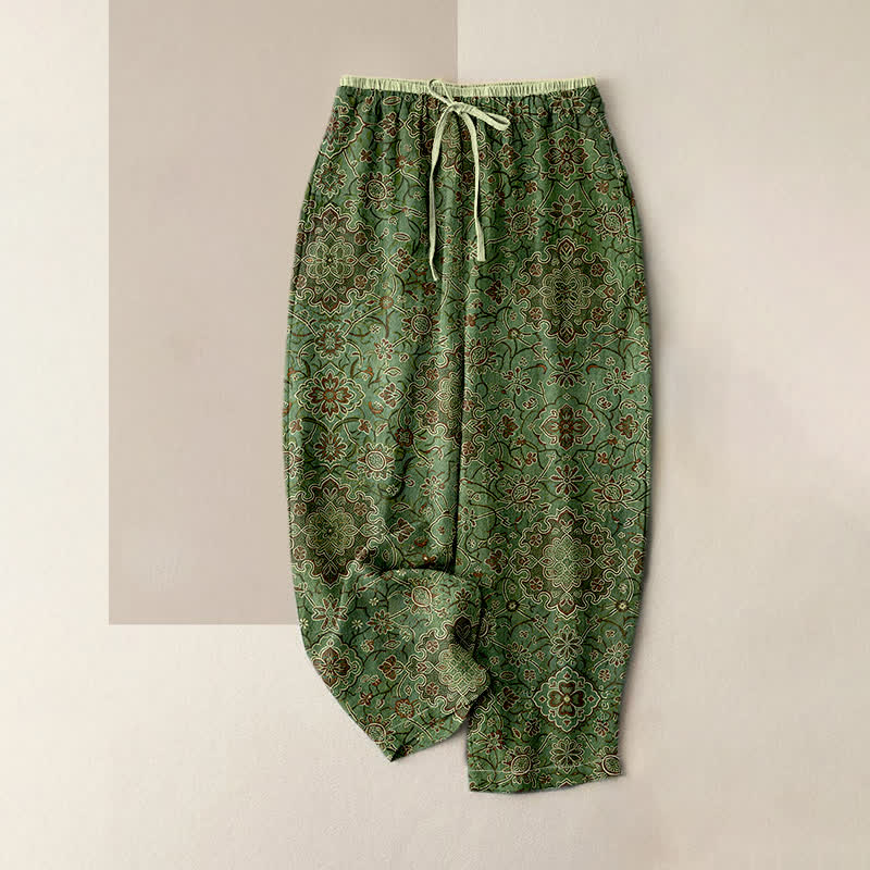Buddha Stones Pantalones de mujer de algodón puro con estampado floral bohemio, cintura elástica y bolsillos. - Verde oliva - US16，UK/AU20，EU48 (3XL) - image 3