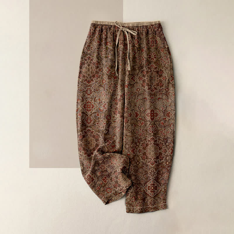 Buddha Stones Pantalones de mujer de algodón puro con estampado floral bohemio, cintura elástica y bolsillos. - Marrón silla de montar - US16，UK/AU20，EU48 (3XL) - image 4