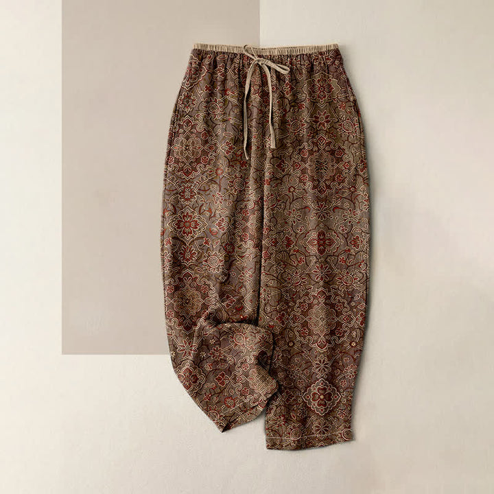 Buddha Stones Pantalones de mujer de algodón puro con estampado floral bohemio, cintura elástica y bolsillos. - Marrón silla de montar - US16，UK/AU20，EU48 (3XL) - image 4