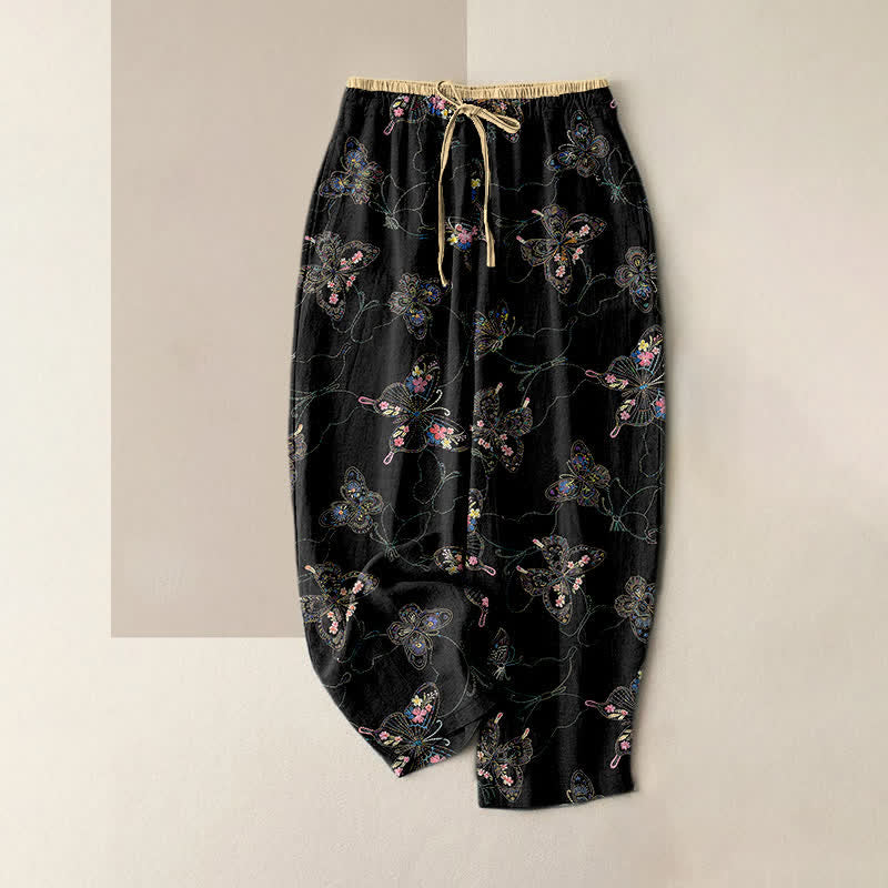 Buddha Stones Pantalones de mujer de algodón puro con estampado floral vintage de mariposas, cintura elástica y bolsillos. - Negro - US16，UK/AU20，EU48 (3XL) - image 0