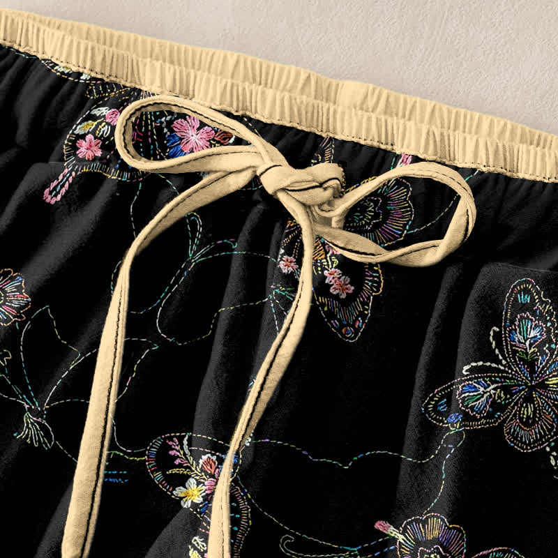 Buddha Stones Pantalones de mujer de algodón puro con estampado floral vintage de mariposas, cintura elástica y bolsillos. - image 1