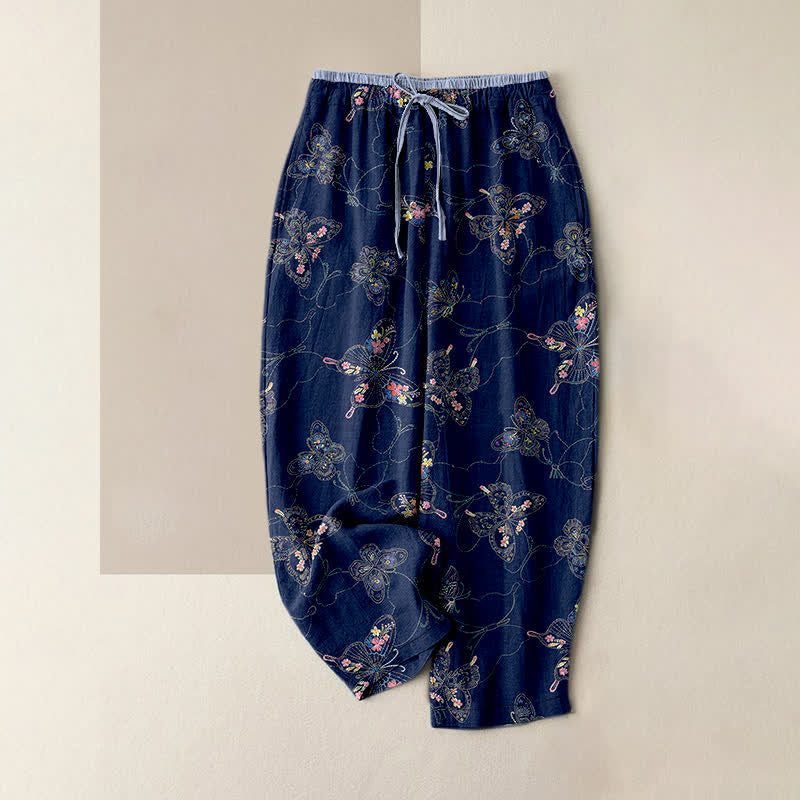 Buddha Stones Pantalones de mujer de algodón puro con estampado floral vintage de mariposas, cintura elástica y bolsillos. - Marina de guerra - US16，UK/AU20，EU48 (3XL) - image 4