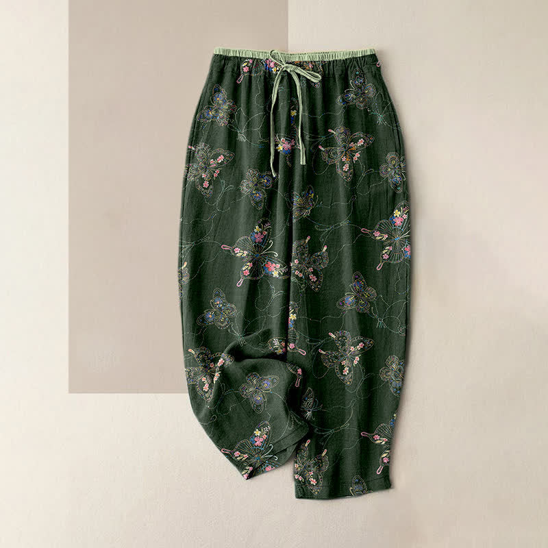 Buddha Stones Pantalones de mujer de algodón puro con estampado floral vintage de mariposas, cintura elástica y bolsillos. - Verde oliva oscuro - US16，UK/AU20，EU48 (3XL) - image 5