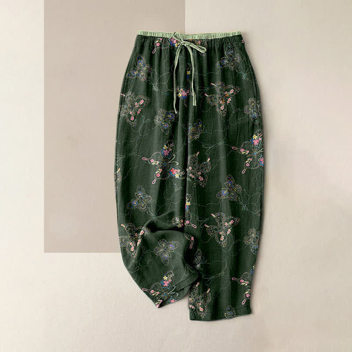 Buddha Stones Pantalones de mujer de algodón puro con estampado floral vintage de mariposas, cintura elástica y bolsillos. - Verde oliva oscuro - US16，UK/AU20，EU48 (3XL) - image 5