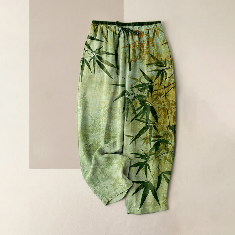 Buddha Stones Pantalones de mujer de algodón puro con estampado de bambú y cintura elástica, con bolsillos. - Verde claro - US16，UK/AU20，EU48 (3XL) - image 0