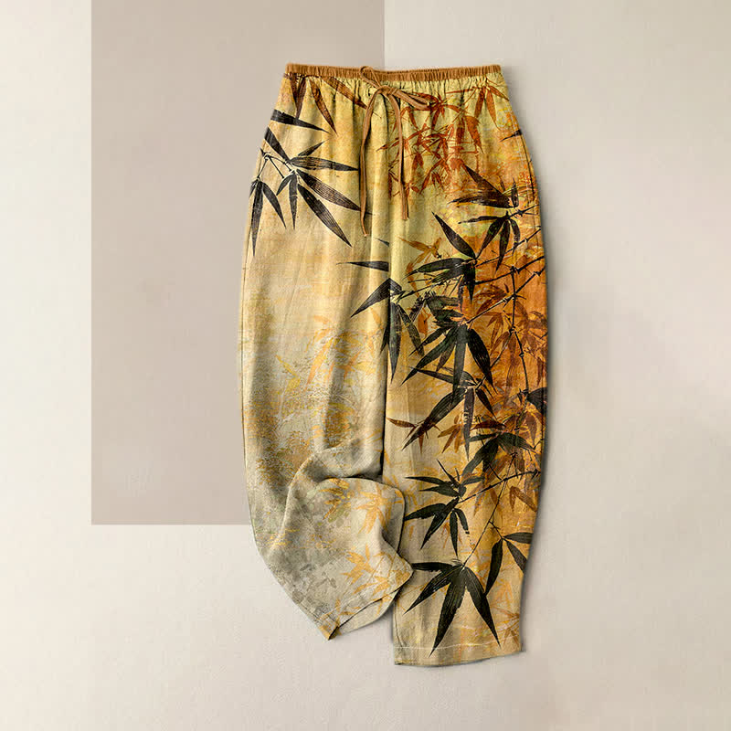 Buddha Stones Pantalones de mujer de algodón puro con estampado de bambú y cintura elástica, con bolsillos. - Oro - US16，UK/AU20，EU48 (3XL) - image 3