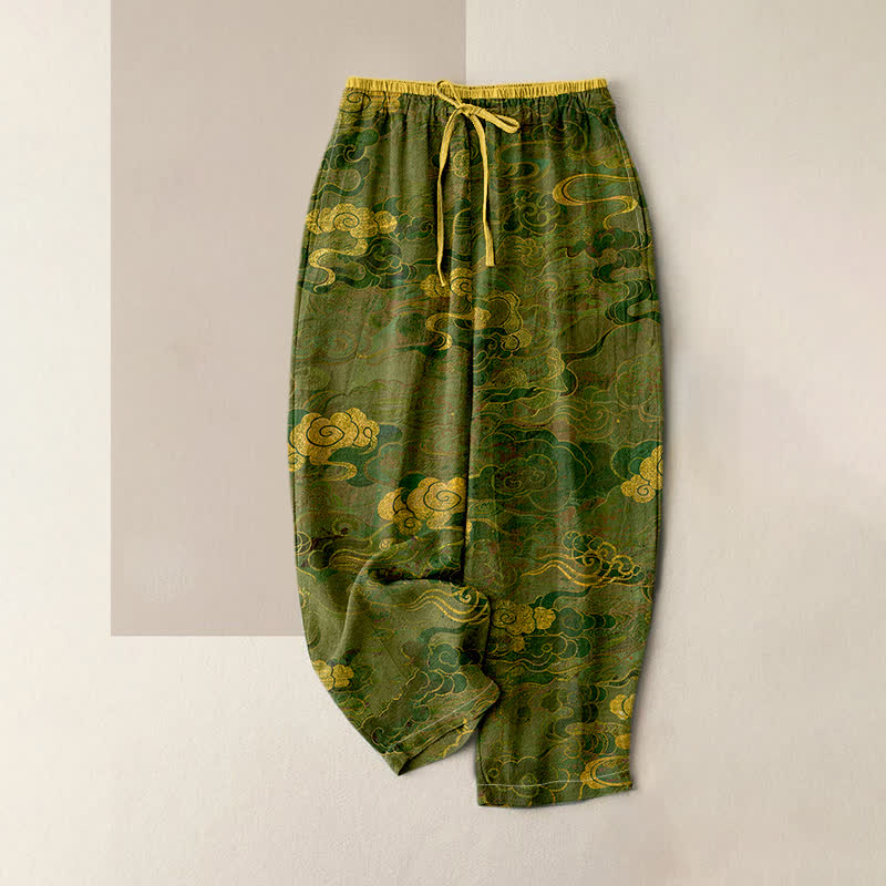 Buddha Stones Pantalones de mujer de algodón puro con estampado de nubes orientales, cintura elástica y bolsillos. - Verde oliva - US16，UK/AU20，EU48 (3XL) - image 3