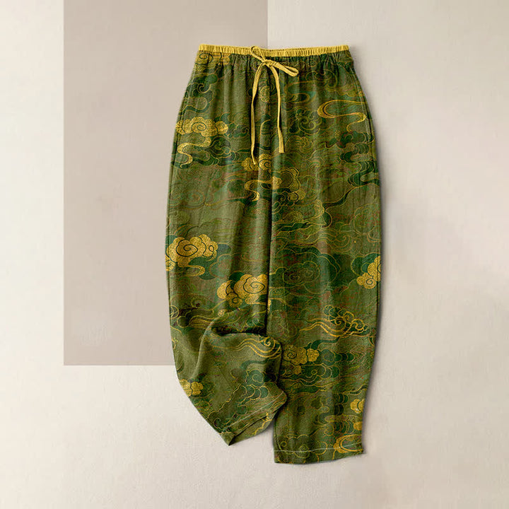 Buddha Stones Pantalones de mujer de algodón puro con estampado de nubes orientales, cintura elástica y bolsillos. - Verde oliva - US16，UK/AU20，EU48 (3XL) - image 3