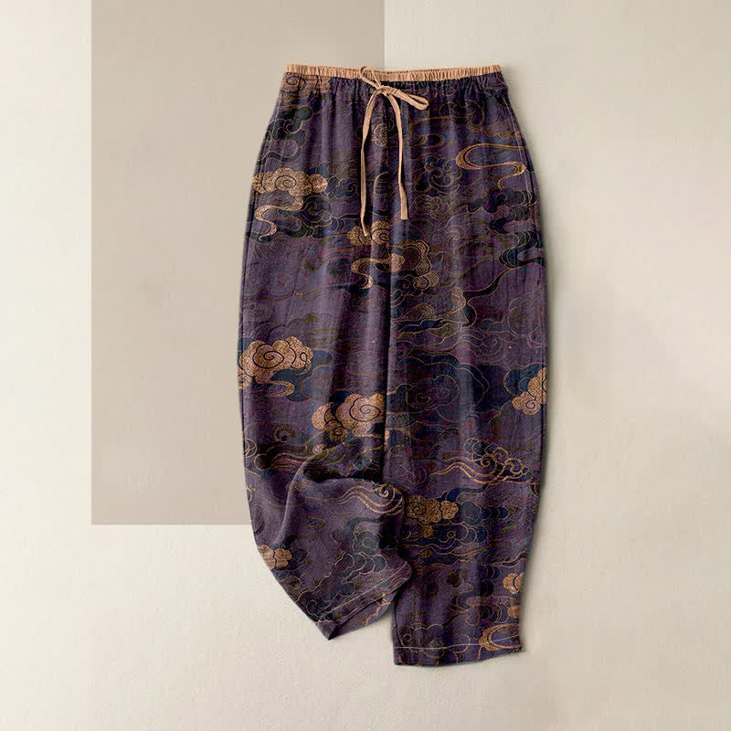Buddha Stones Pantalones de mujer de algodón puro con estampado de nubes orientales, cintura elástica y bolsillos. - Púrpura - US16，UK/AU20，EU48 (3XL) - image 4