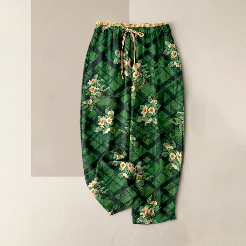 Buddha Stones Pantalones de mujer de algodón puro con estampado floral y de cuadrícula vintage, cintura elástica y bolsillos. - Verde bosque - US16，UK/AU20，EU48 (3XL) - image 0