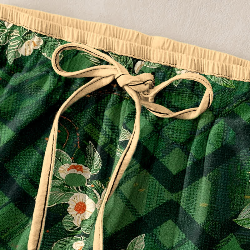 Buddha Stones Pantalones de mujer de algodón puro con estampado floral y de cuadrícula vintage, cintura elástica y bolsillos. - image 1