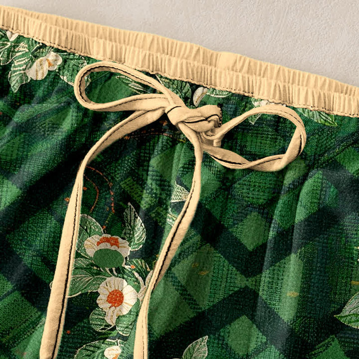 Buddha Stones Pantalones de mujer de algodón puro con estampado floral y de cuadrícula vintage, cintura elástica y bolsillos. - image 1