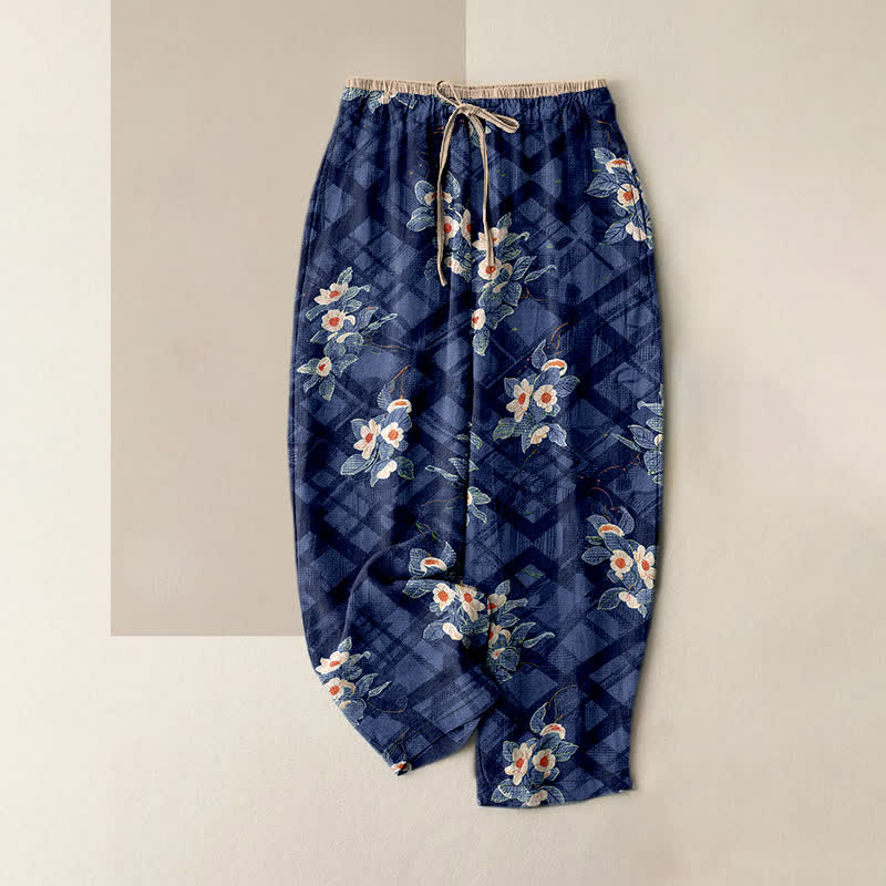 Buddha Stones Pantalones de mujer de algodón puro con estampado floral y de cuadrícula vintage, cintura elástica y bolsillos. - Marina de guerra - US16，UK/AU20，EU48 (3XL) - image 4