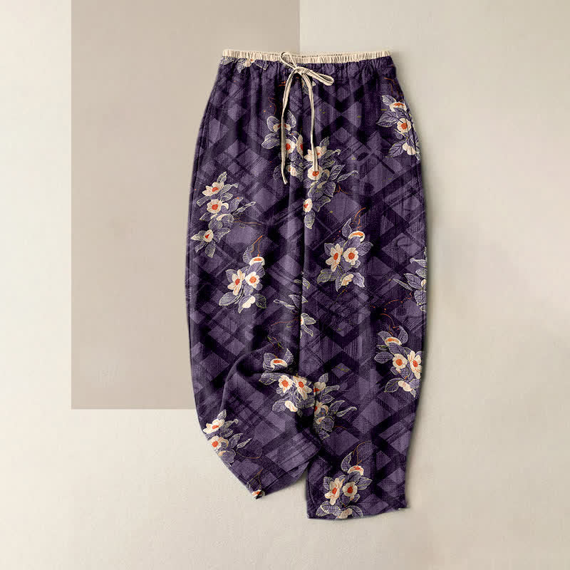 Buddha Stones Pantalones de mujer de algodón puro con estampado floral y de cuadrícula vintage, cintura elástica y bolsillos. - Púrpura - US16，UK/AU20，EU48 (3XL) - image 5