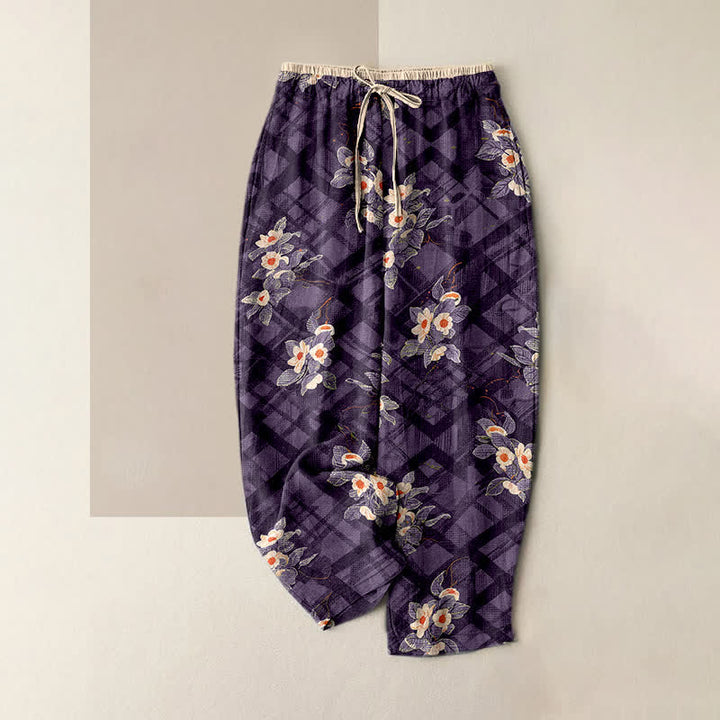 Buddha Stones Pantalones de mujer de algodón puro con estampado floral y de cuadrícula vintage, cintura elástica y bolsillos. - Púrpura - US16，UK/AU20，EU48 (3XL) - image 5
