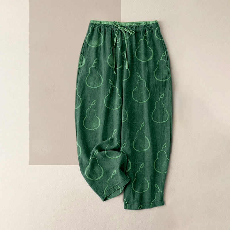Buddha Stones Pantalones de mujer de algodón puro con delicado estampado de peras, cintura elástica y bolsillos. - Verde bosque - US16，UK/AU20，EU48 (3XL) - image 0