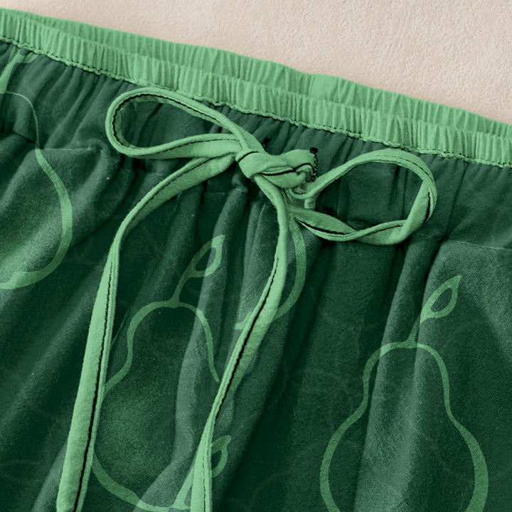 Buddha Stones Pantalones de mujer de algodón puro con delicado estampado de peras, cintura elástica y bolsillos. - image 1