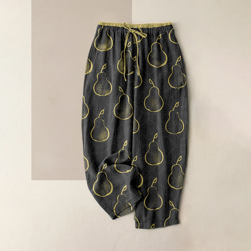 Buddha Stones Pantalones de mujer de algodón puro con delicado estampado de peras, cintura elástica y bolsillos. - Negro - US16，UK/AU20，EU48 (3XL) - image 4