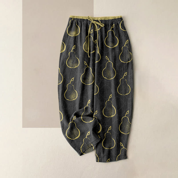 Buddha Stones Pantalones de mujer de algodón puro con delicado estampado de peras, cintura elástica y bolsillos. - Negro - US16，UK/AU20，EU48 (3XL) - image 4