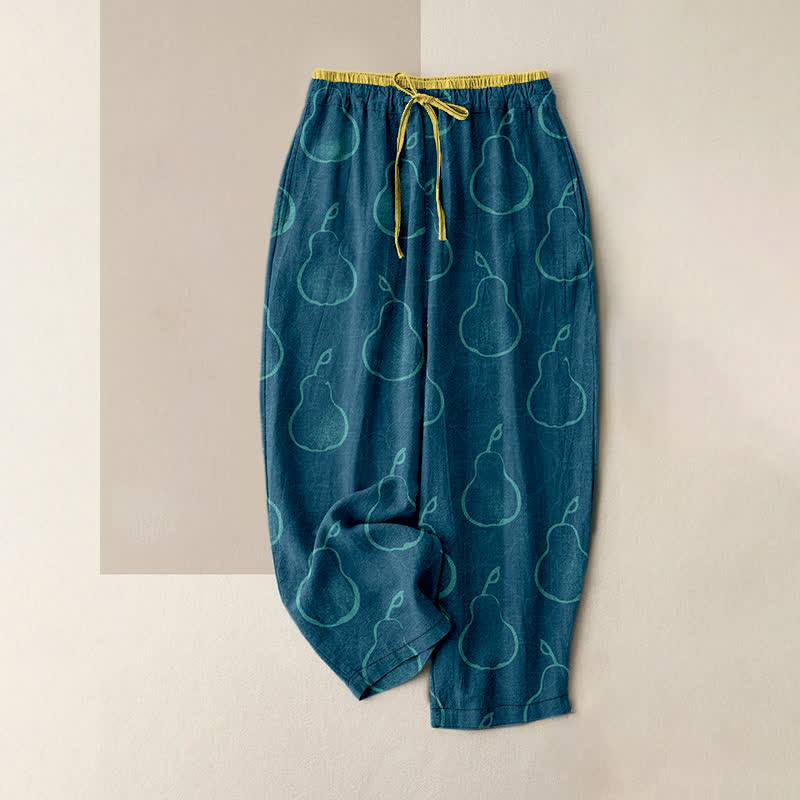 Buddha Stones Pantalones de mujer de algodón puro con delicado estampado de peras, cintura elástica y bolsillos. - Azul acero - US16，UK/AU20，EU48 (3XL) - image 5