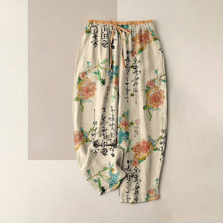 Buddha Stones Pantalones de mujer de algodón puro con estampado floral vintage y cintura elástica, con bolsillos. - Beige - US16，UK/AU20，EU48 (3XL) - image 0