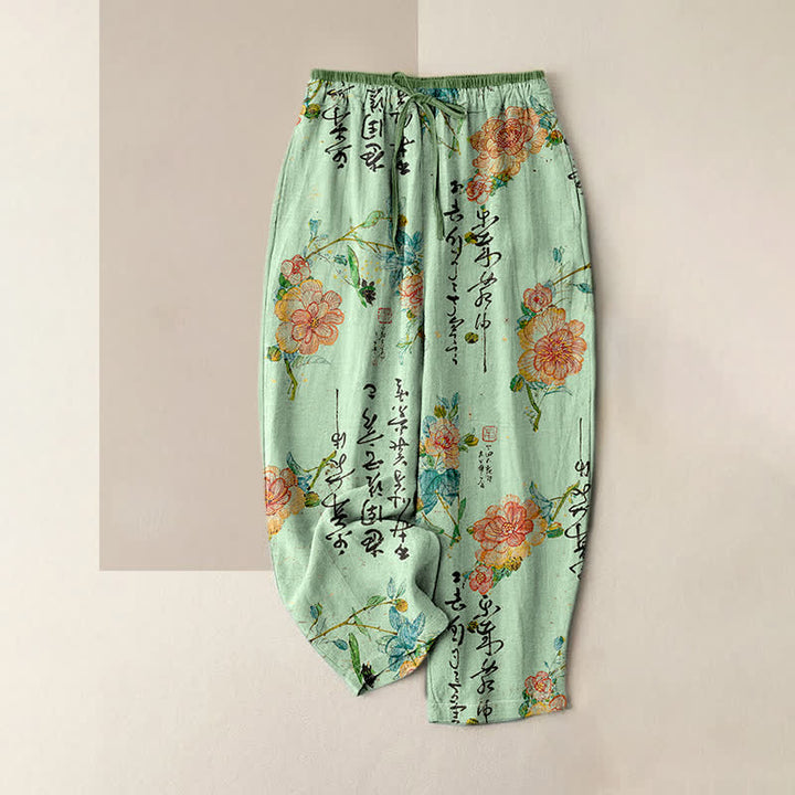 Buddha Stones Pantalones de mujer de algodón puro con estampado floral vintage y cintura elástica, con bolsillos. - Verde claro - US16，UK/AU20，EU48 (3XL) - image 3