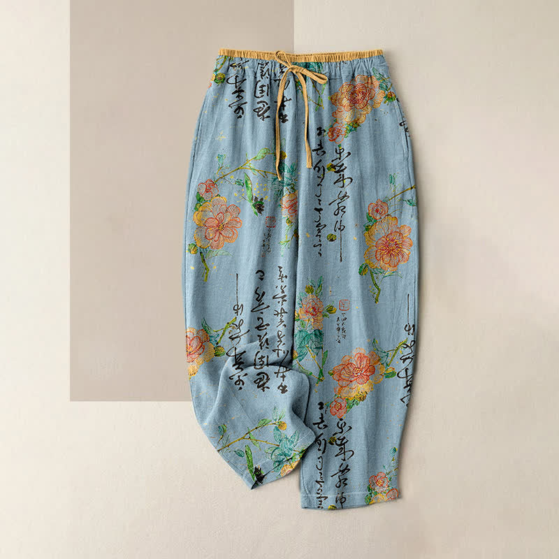 Buddha Stones Pantalones de mujer de algodón puro con estampado floral vintage y cintura elástica, con bolsillos. - Azul claro - US16，UK/AU20，EU48 (3XL) - image 4