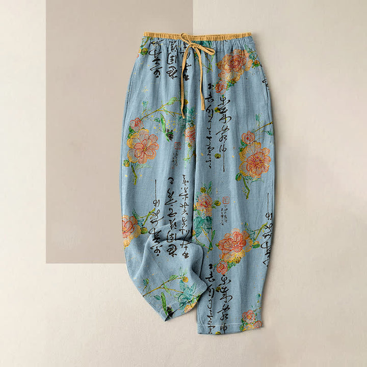 Buddha Stones Pantalones de mujer de algodón puro con estampado floral vintage y cintura elástica, con bolsillos. - Azul claro - US16，UK/AU20，EU48 (3XL) - image 4