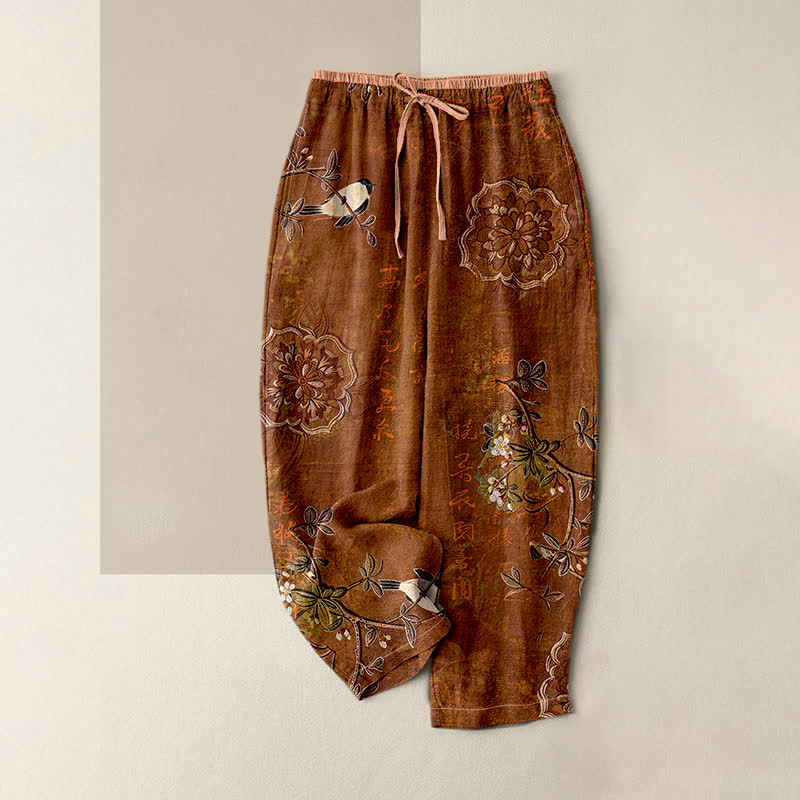 Buddha Stones Pantalones de mujer de algodón puro con estampado floral bohemio de pájaros, cintura elástica y bolsillos. - Marrón silla de montar - US16，UK/AU20，EU48 (3XL) - image 0