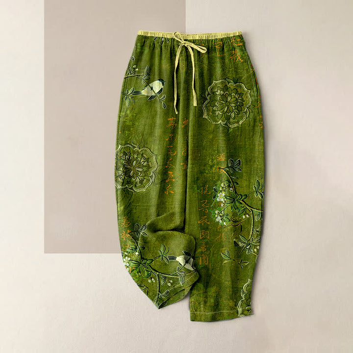 Buddha Stones Pantalones de mujer de algodón puro con estampado floral bohemio de pájaros, cintura elástica y bolsillos. - Aceituna - US16，UK/AU20，EU48 (3XL) - image 3