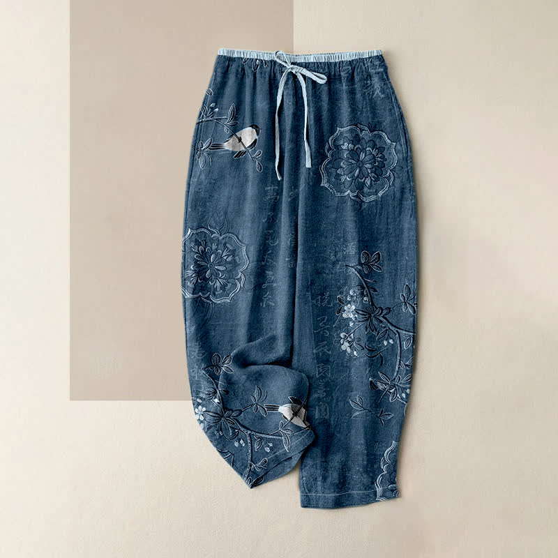 Buddha Stones Pantalones de mujer de algodón puro con estampado floral bohemio de pájaros, cintura elástica y bolsillos. - Azul acero - US16，UK/AU20，EU48 (3XL) - image 4