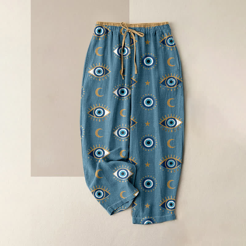 Buddha Stones Pantalones de mujer de algodón puro con estampado de ojo turco místico y cintura elástica con bolsillos. - Azul cadete - US16，UK/AU20，EU48 (3XL) - image 0