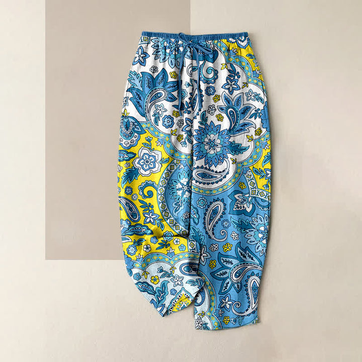 Buddha Stones Pantalones de mujer de algodón puro con estampado floral bohemio de cachemir y cintura elástica con bolsillos. - Turquesa - US16，UK/AU20，EU48 (3XL) - image 0
