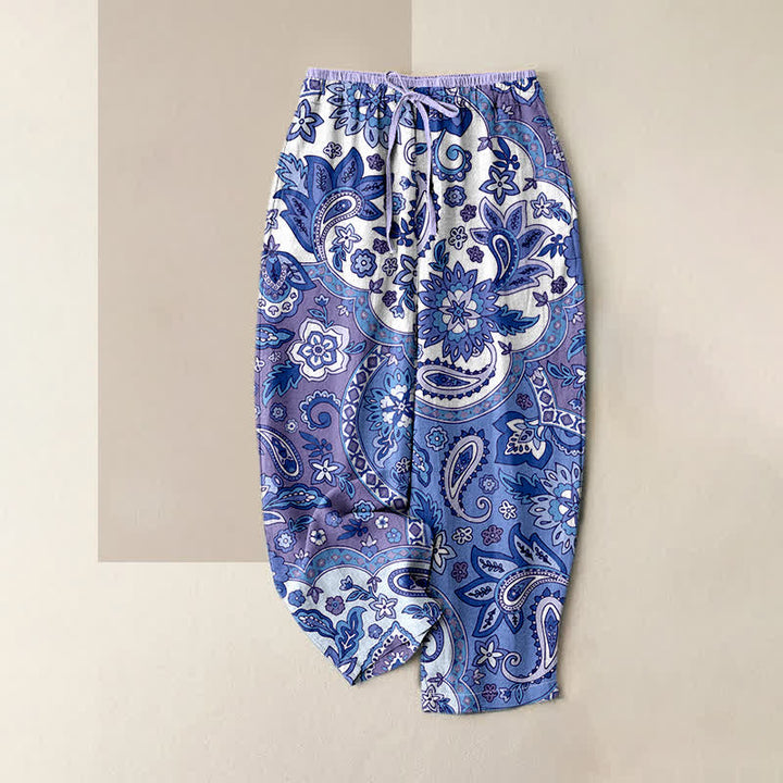 Buddha Stones Pantalones de mujer de algodón puro con estampado floral bohemio de cachemir y cintura elástica con bolsillos. - Morado medio - US16，UK/AU20，EU48 (3XL) - image 3