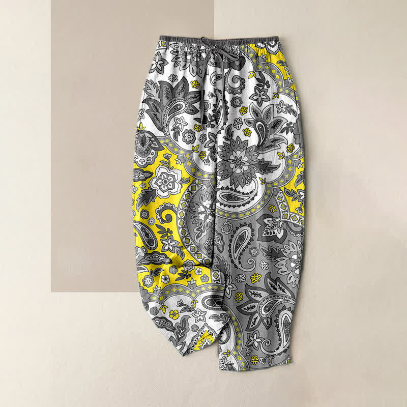 Buddha Stones Pantalones de mujer de algodón puro con estampado floral bohemio de cachemir y cintura elástica con bolsillos. - Amarillo - US16，UK/AU20，EU48 (3XL) - image 4