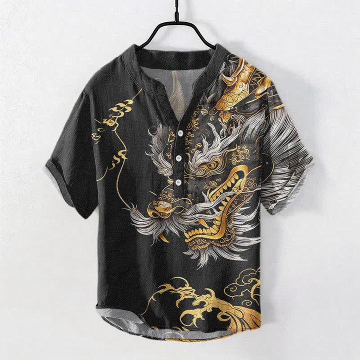 Buddha Stones Camisa de manga corta con medio botón y estampado de dragón dorado de algodón para hombre - Negro - US/UK/AU50, EU60 (5XL) - image 0