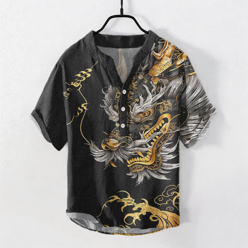 Buddha Stones Camisa de manga corta con medio botón y estampado de dragón dorado de algodón para hombre - Negro - US/UK/AU50, EU60 (5XL) - image 0