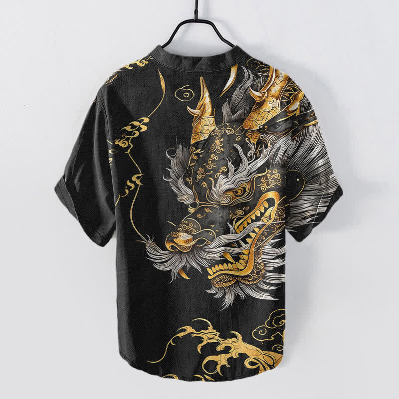 Buddha Stones Camisa de manga corta con medio botón y estampado de dragón dorado de algodón para hombre - image 1