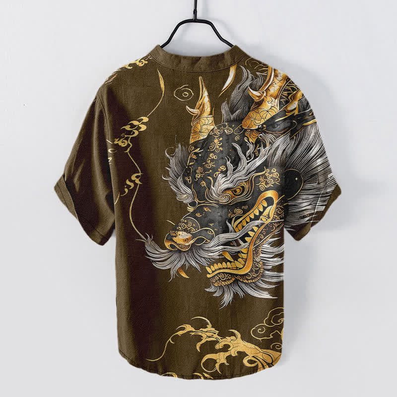Buddha Stones Camisa de manga corta con medio botón y estampado de dragón dorado de algodón para hombre - image 8