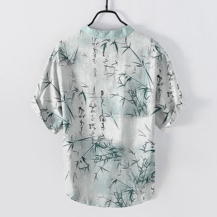 Buddha Stones Camisa de manga corta con medio botón para hombre, con estampado de caligrafía de bambú y tinta de algodón. - image 1