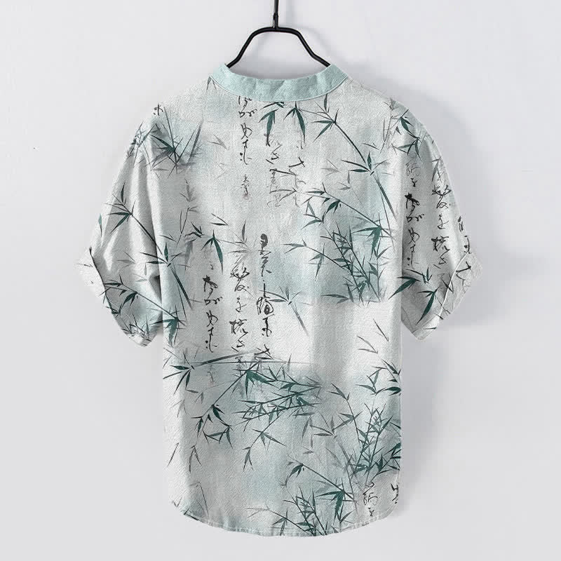 Buddha Stones Camisa de manga corta con medio botón para hombre, con estampado de caligrafía de bambú y tinta de algodón. - image 1