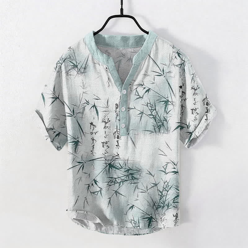 Buddha Stones Camisa de manga corta con medio botón para hombre, con estampado de caligrafía de bambú y tinta de algodón. - Turquesa pálido - US/UK/AU50, EU60 (5XL) - image 0