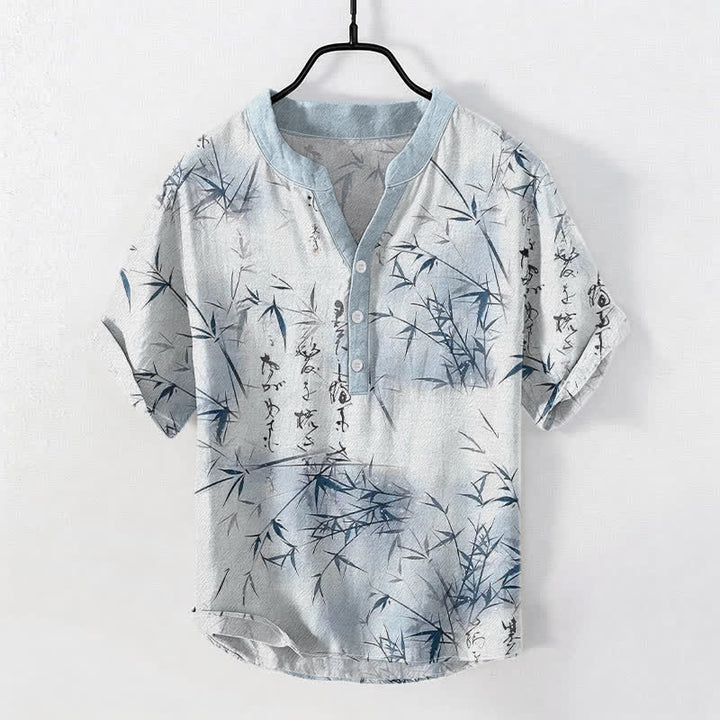 Buddha Stones Camisa de manga corta con medio botón para hombre, con estampado de caligrafía de bambú y tinta de algodón. - Azul claro - US/UK/AU50, EU60 (5XL) - image 3