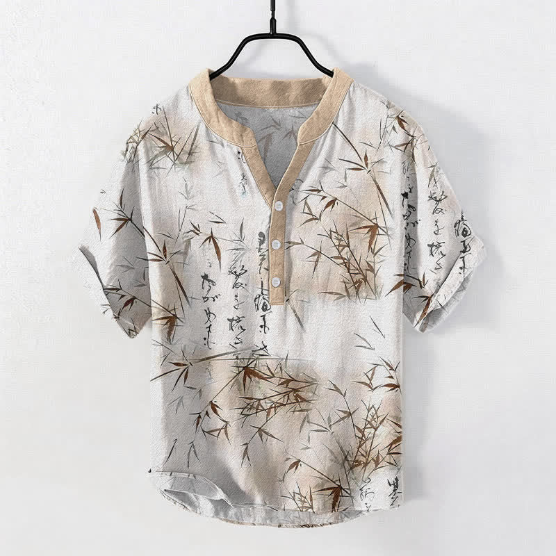 Buddha Stones Camisa de manga corta con medio botón para hombre, con estampado de caligrafía de bambú y tinta de algodón. - Lino - US/UK/AU50, EU60 (5XL) - image 5