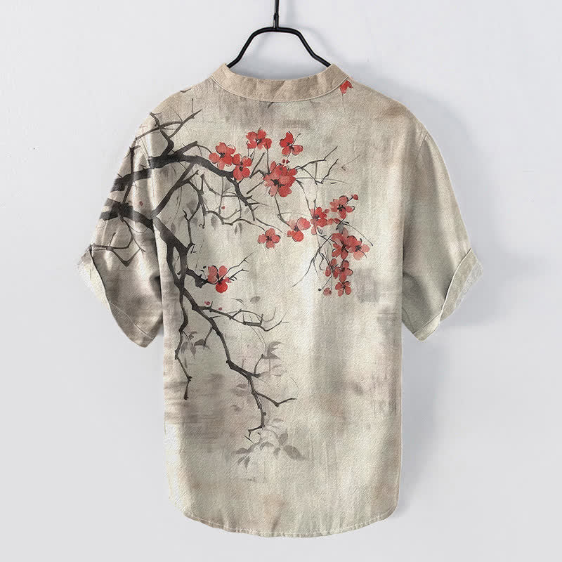 Buddha Stones Camisa de manga corta con medio botón y estampado de ramas de ciruelo en algodón para hombre - image 1