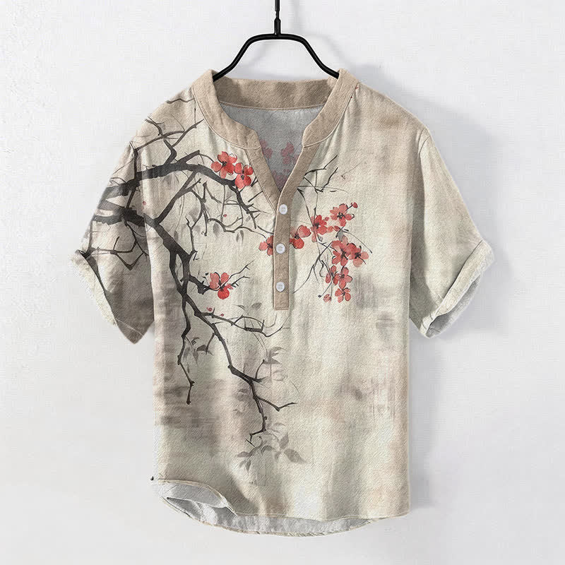 Buddha Stones Camisa de manga corta con medio botón y estampado de ramas de ciruelo en algodón para hombre - Lino - US/UK/AU50, EU60 (5XL) - image 0