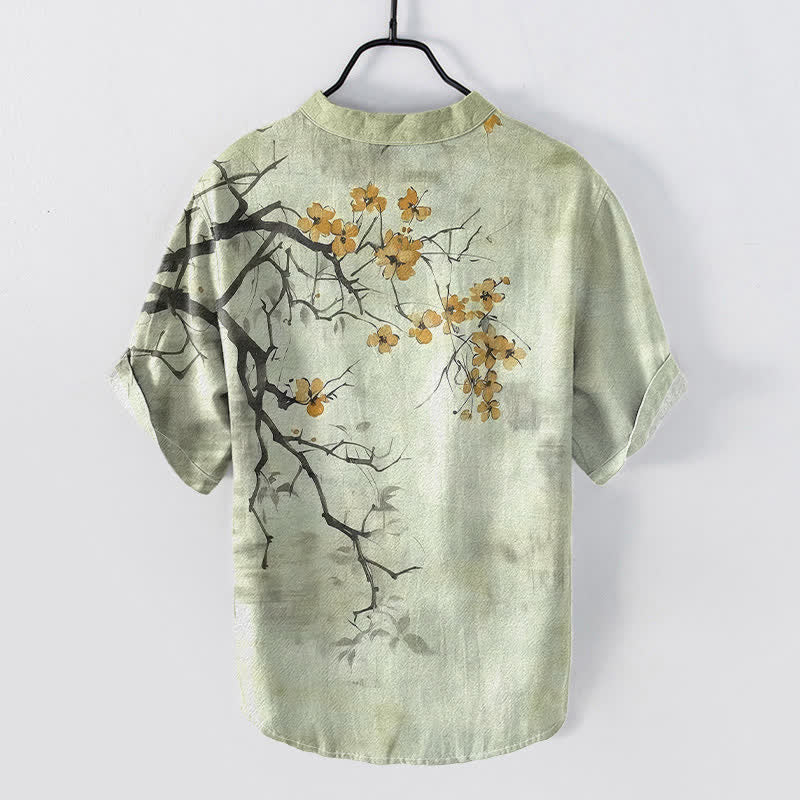 Buddha Stones Camisa de manga corta con medio botón y estampado de ramas de ciruelo en algodón para hombre - image 4