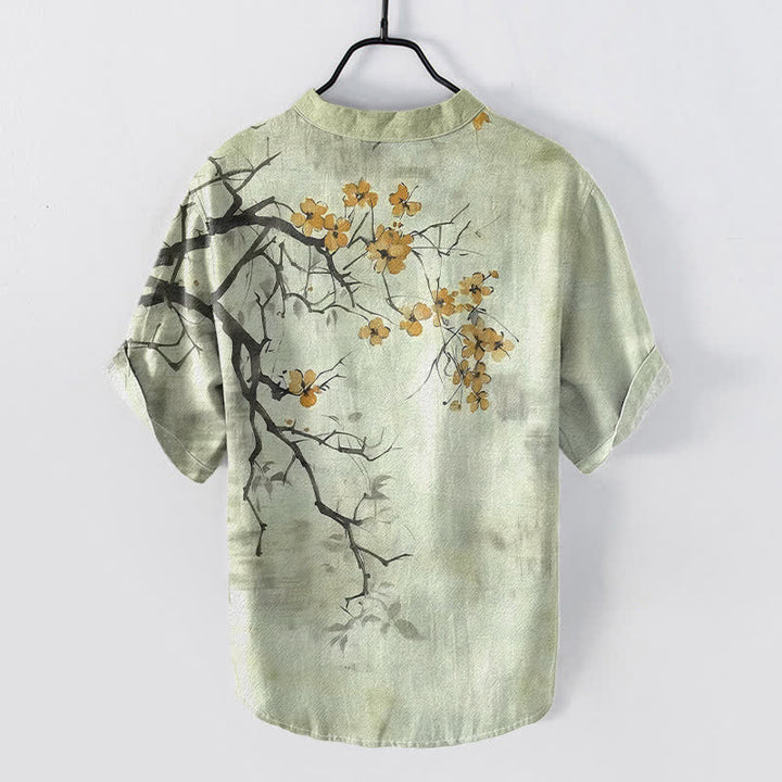 Buddha Stones Camisa de manga corta con medio botón y estampado de ramas de ciruelo en algodón para hombre - image 4